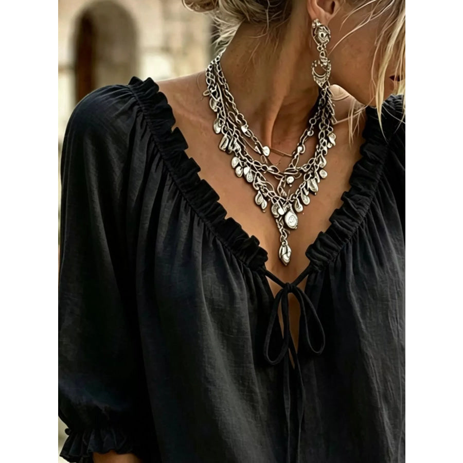 Frill Tie Neck 3/4 Sleeve Blouse Apparel and Accessories