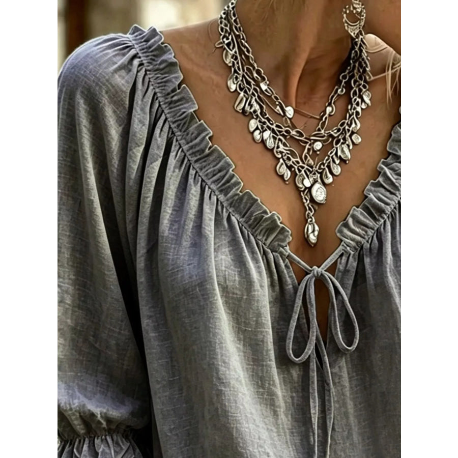 Frill Tie Neck 3/4 Sleeve Blouse Apparel and Accessories