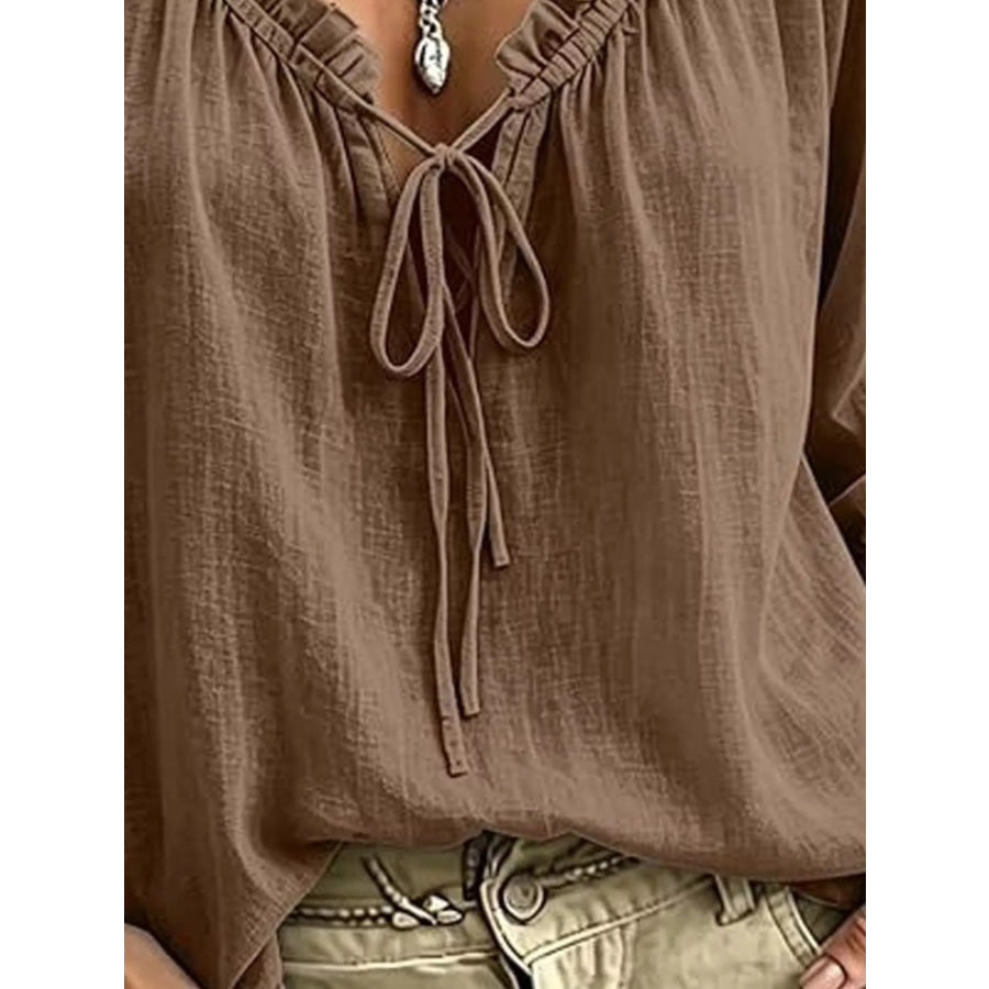 Frill Tie Neck 3/4 Sleeve Blouse Apparel and Accessories