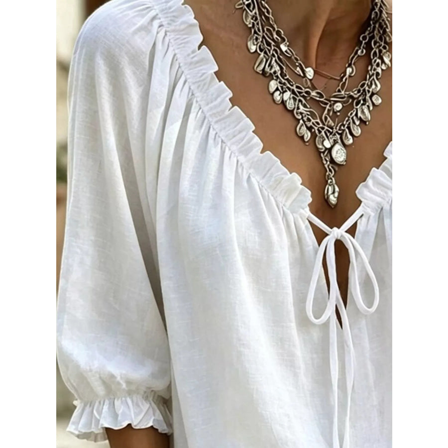 Frill Tie Neck 3/4 Sleeve Blouse Apparel and Accessories