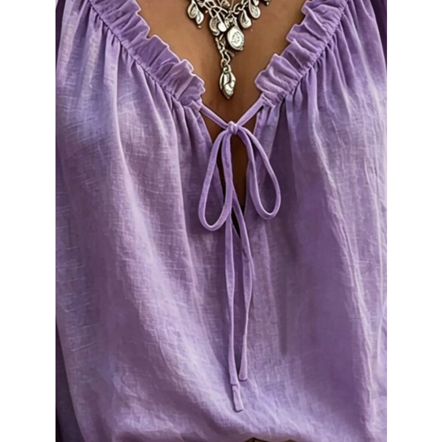 Frill Tie Neck 3/4 Sleeve Blouse Apparel and Accessories