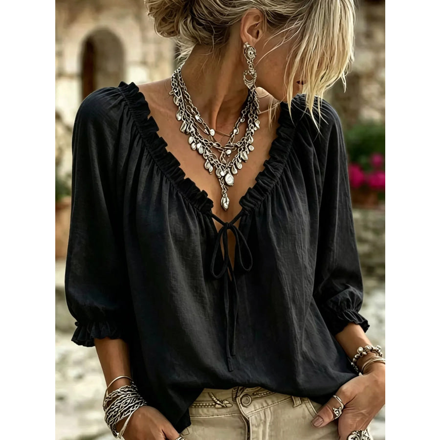 Frill Tie Neck 3/4 Sleeve Blouse Black / S Apparel and Accessories
