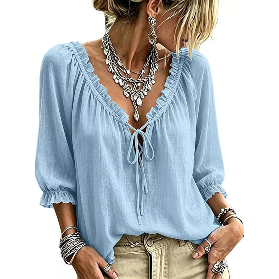 Frill Tie Neck 3/4 Sleeve Blouse Blue / S Apparel and Accessories