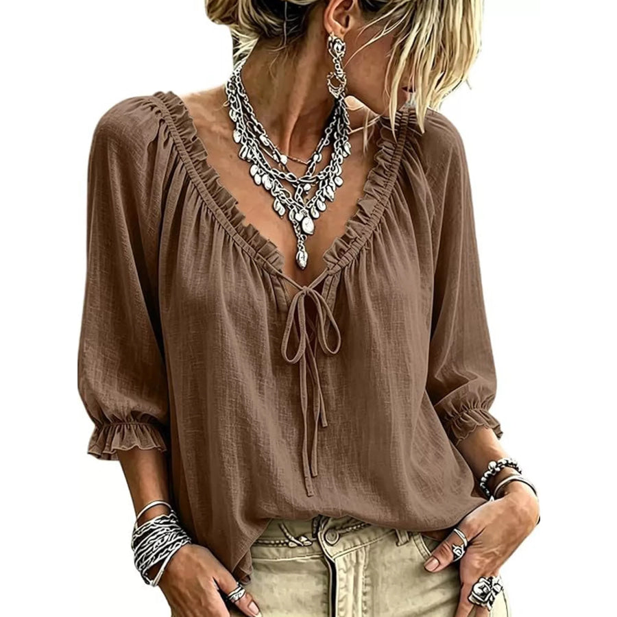 Frill Tie Neck 3/4 Sleeve Blouse Coffee Brown / S Apparel and Accessories