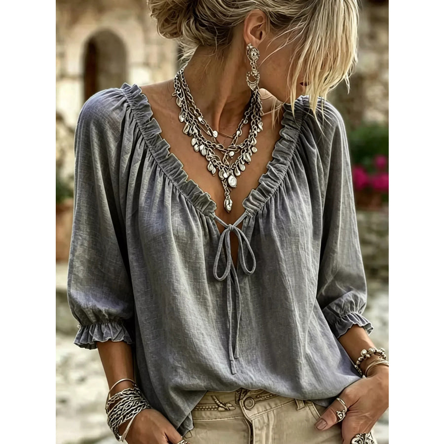 Frill Tie Neck 3/4 Sleeve Blouse Gray / S Apparel and Accessories