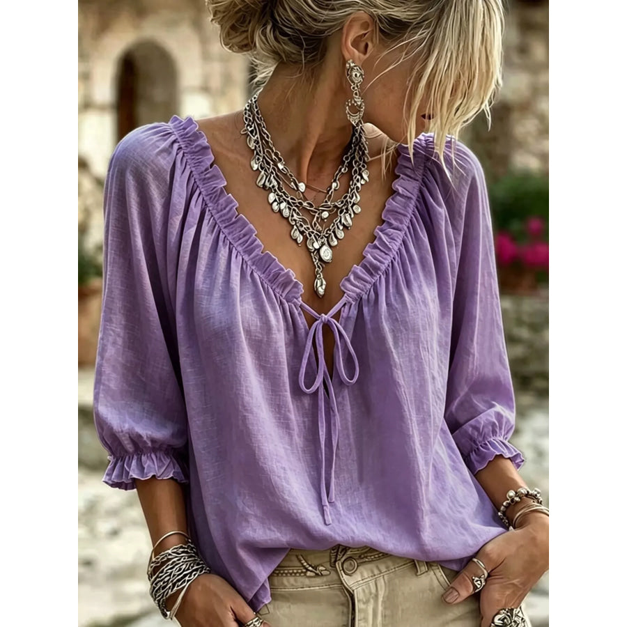 Frill Tie Neck 3/4 Sleeve Blouse Purple / S Apparel and Accessories