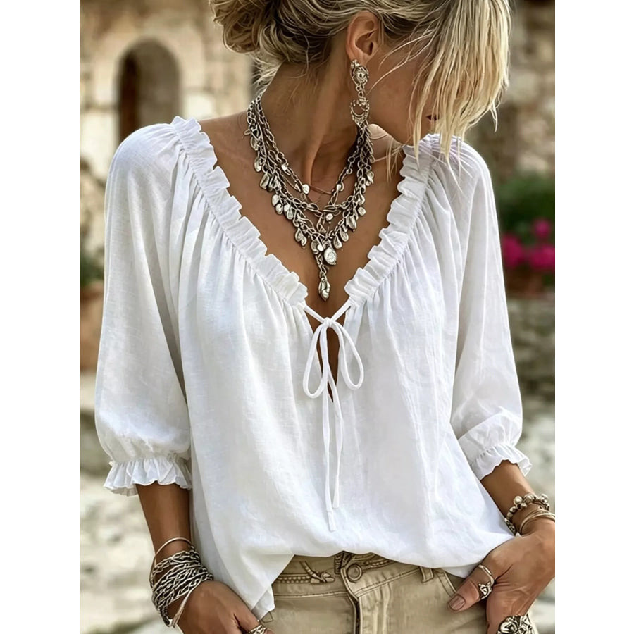 Frill Tie Neck 3/4 Sleeve Blouse White / S Apparel and Accessories