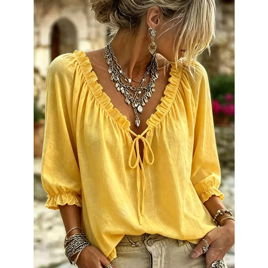 Frill Tie Neck 3/4 Sleeve Blouse Yellow / S Apparel and Accessories