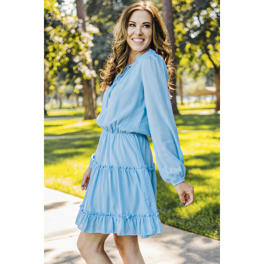 Frill Tie Neck Balloon Sleeve Dress Pastel Blue / S Apparel and Accessories