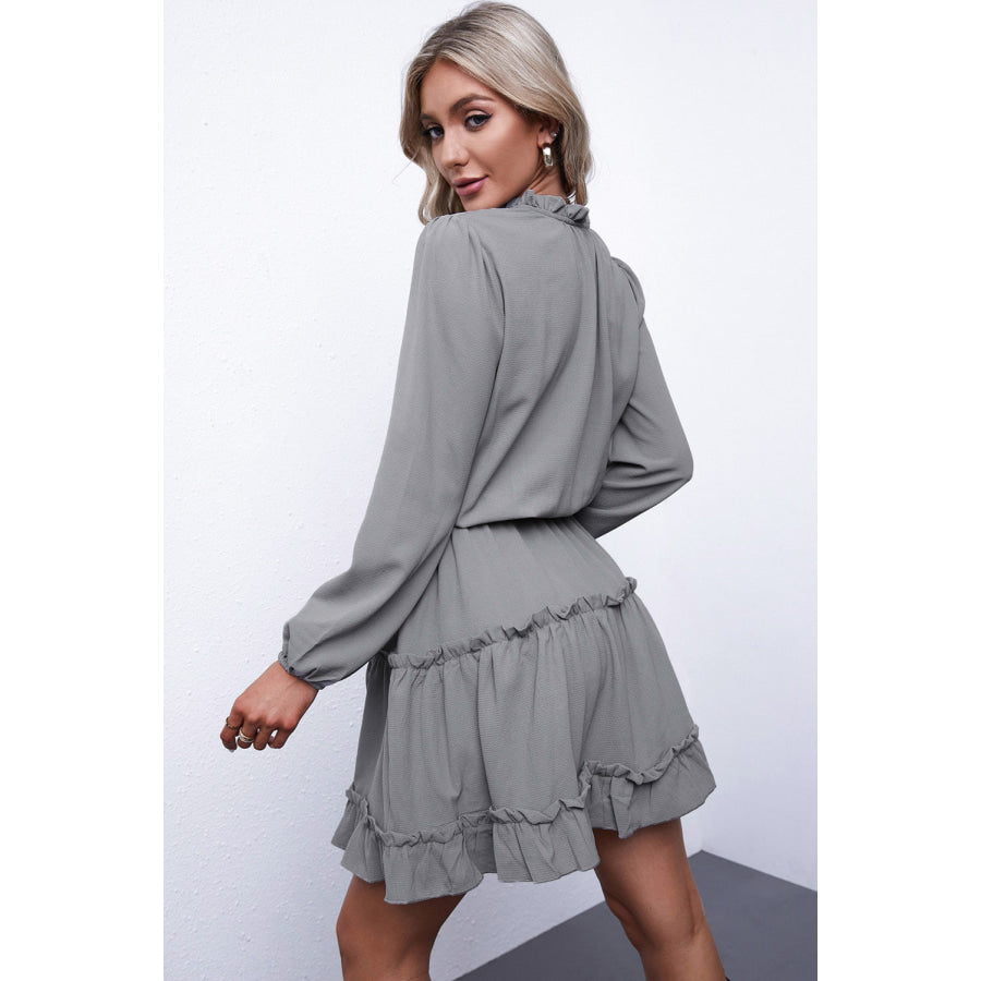 Frill Tie Neck Balloon Sleeve Dress Apparel and Accessories