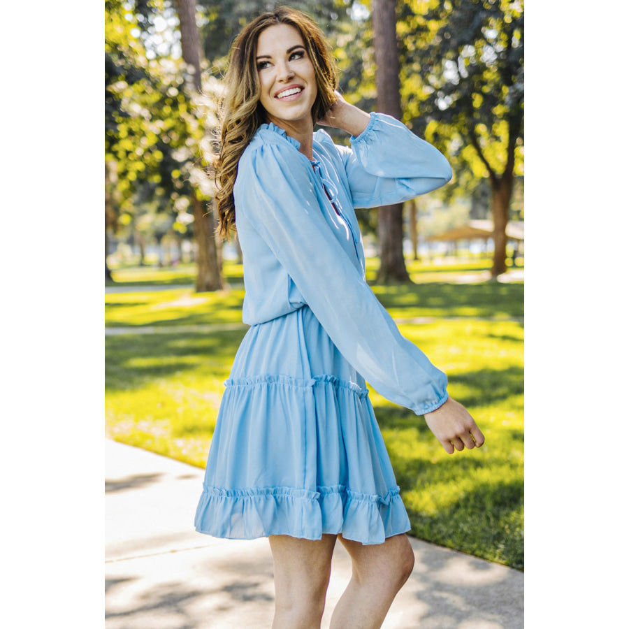 Frill Tie Neck Balloon Sleeve Dress Apparel and Accessories