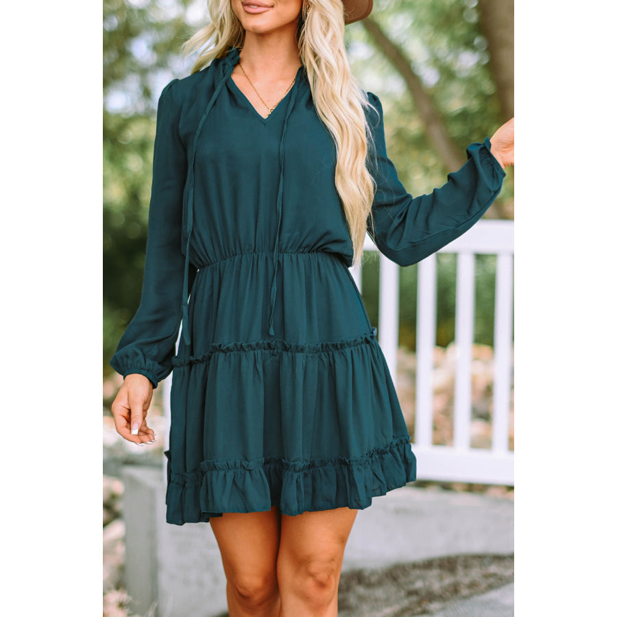 Frill Tie Neck Balloon Sleeve Dress Deep Teal / S Apparel and Accessories