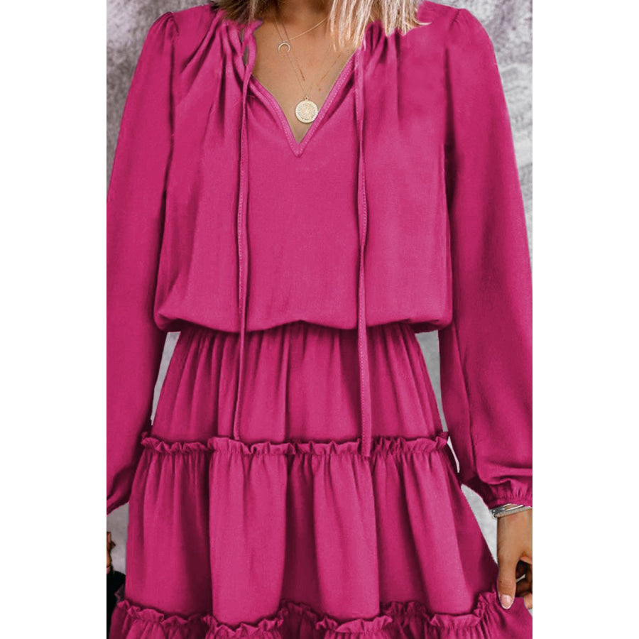 Frill Tie Neck Balloon Sleeve Dress Hot Pink / S Apparel and Accessories