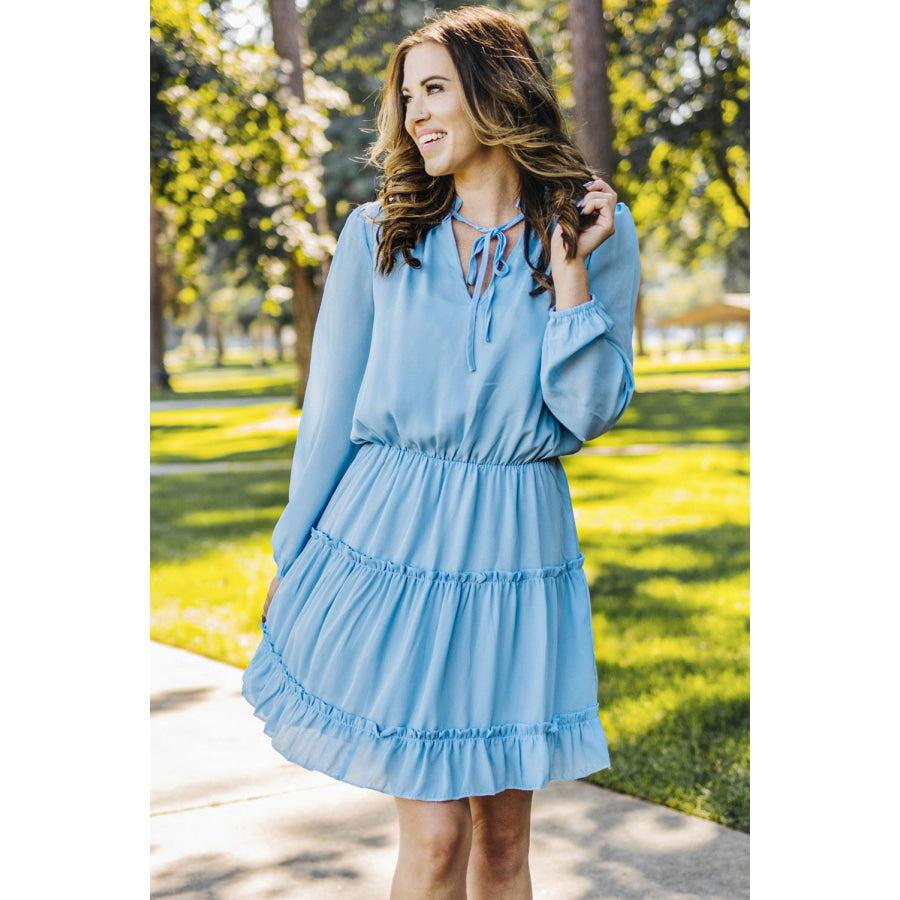 Frill Tie Neck Balloon Sleeve Dress Pastel Blue / S Apparel and Accessories