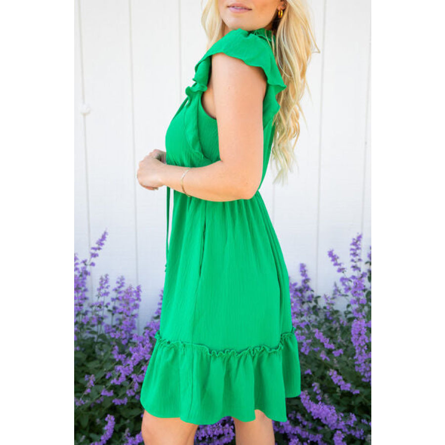 Frill Tie Neck Ruffled Sleeveless Mini Dress Mid Green / S Apparel and Accessories