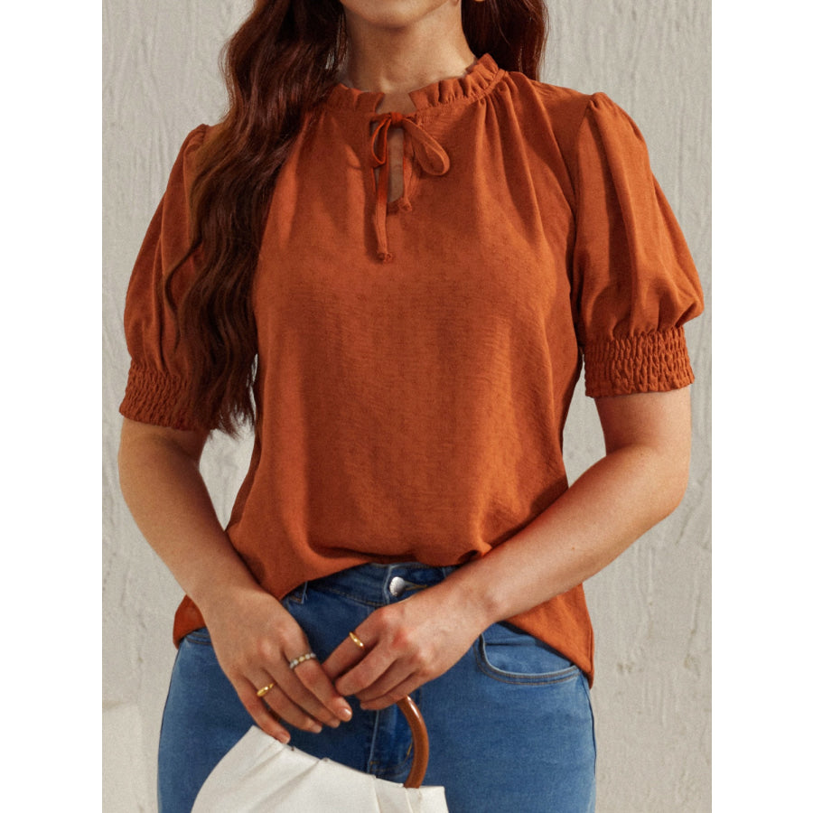 Frill Tie Neck Short Sleeve Blouse Apparel and Accessories