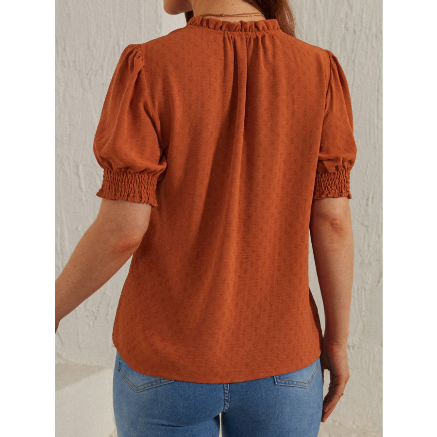 Frill Tie Neck Short Sleeve Blouse Apparel and Accessories