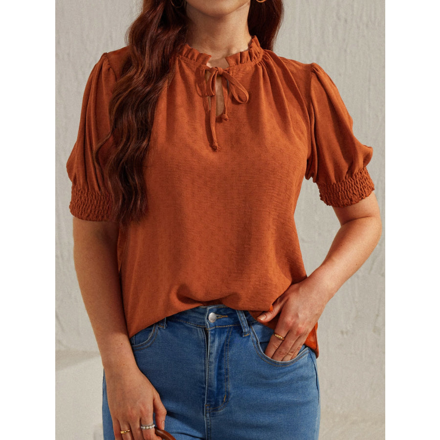 Frill Tie Neck Short Sleeve Blouse Terracotta / S Apparel and Accessories