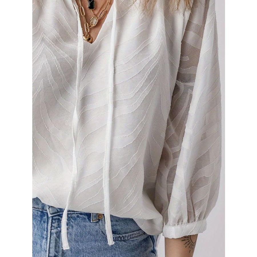 Frill Tie Neck Three-Quarter Sleeve Blouse Apparel and Accessories