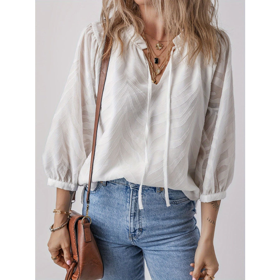 Frill Tie Neck Three-Quarter Sleeve Blouse White / S Apparel and Accessories