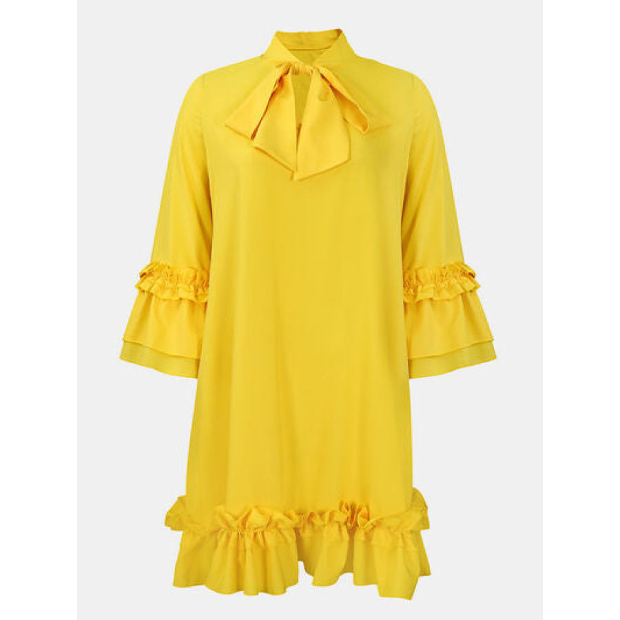 Frill Tie Neck Three - Quarter Sleeve Dress Apparel and Accessories