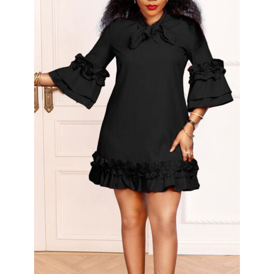 Frill Tie Neck Three - Quarter Sleeve Dress Apparel and Accessories