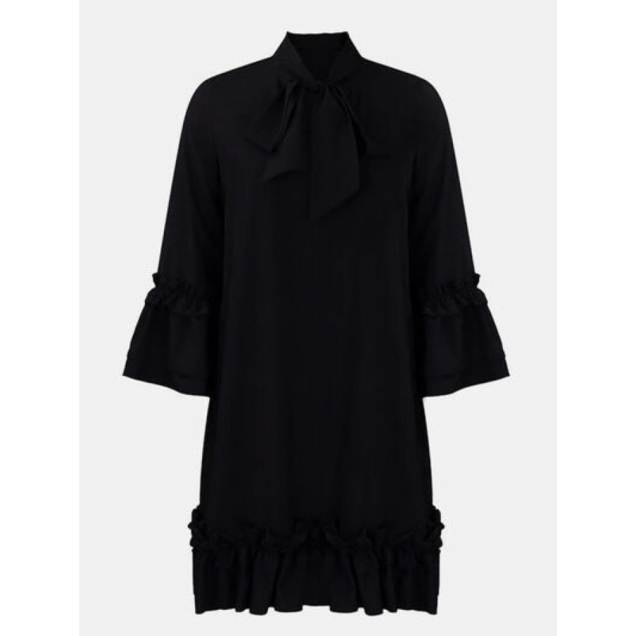 Frill Tie Neck Three - Quarter Sleeve Dress Black / S Apparel and Accessories