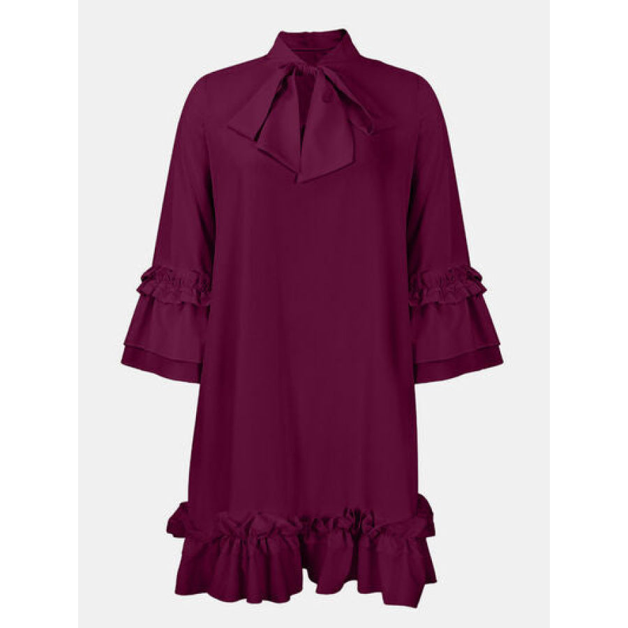 Frill Tie Neck Three - Quarter Sleeve Dress Plum / S Apparel and Accessories