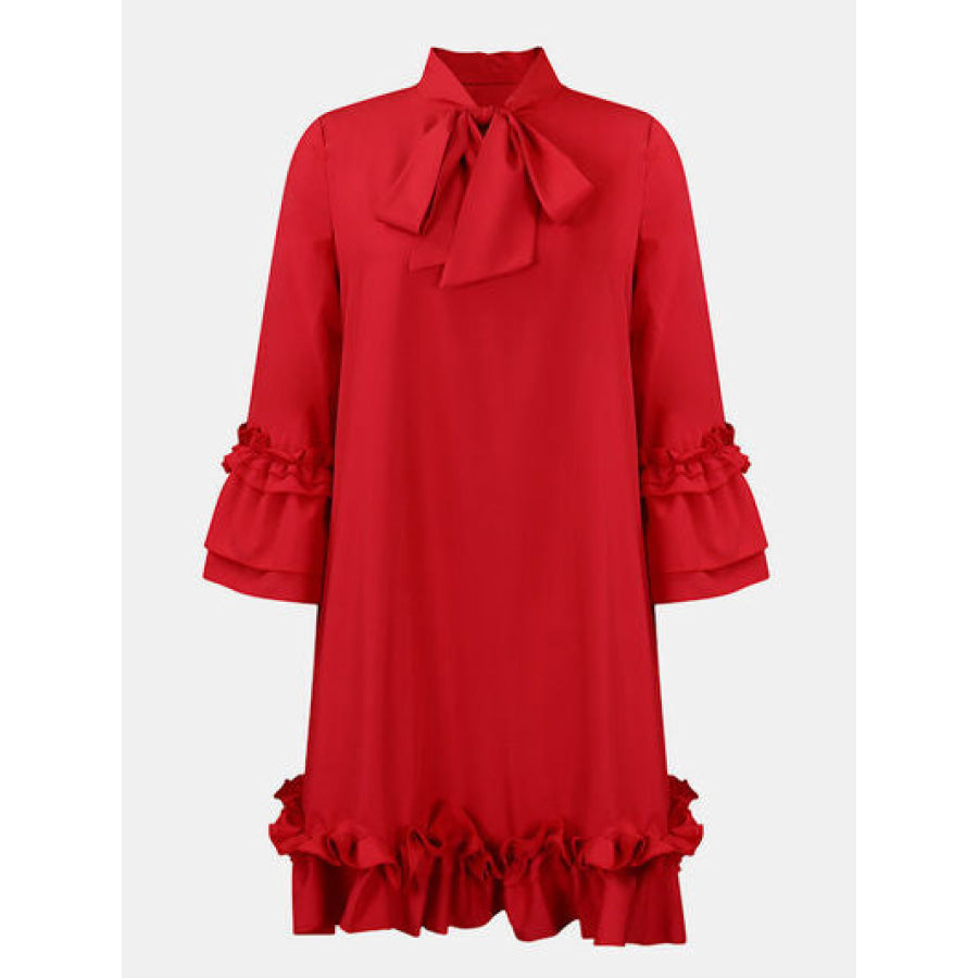 Frill Tie Neck Three - Quarter Sleeve Dress Red / S Apparel and Accessories