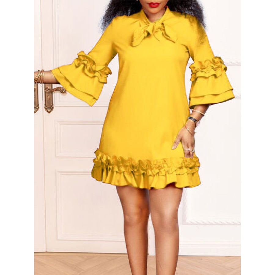 Frill Tie Neck Three - Quarter Sleeve Dress True Yellow / S Apparel and Accessories