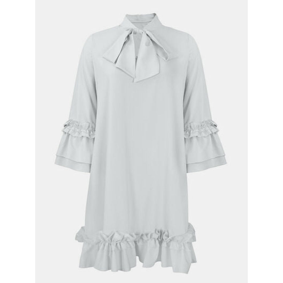 Frill Tie Neck Three - Quarter Sleeve Dress White / S Apparel and Accessories