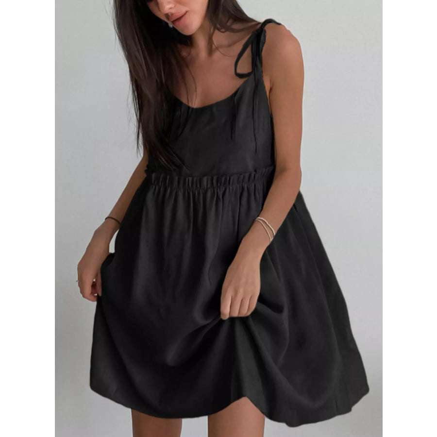 Frill Tie Shoulder Mini Dress Black / S Apparel and Accessories