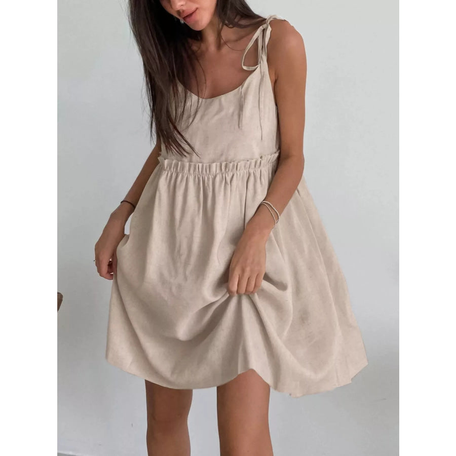 Frill Tie Shoulder Mini Dress Khaki Color / S Apparel and Accessories
