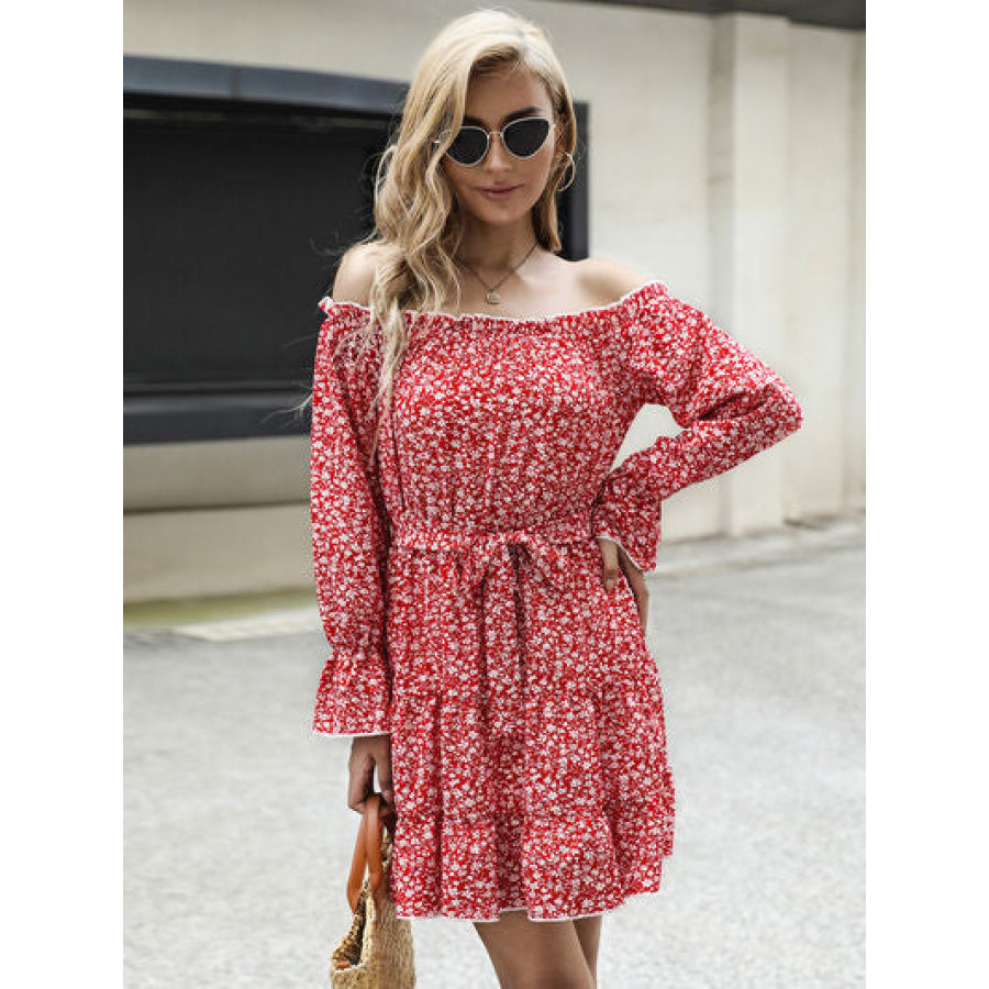 Frill Tied Floral Flounce Sleeve Tiered Dress Deep Red / S Apparel and Accessories