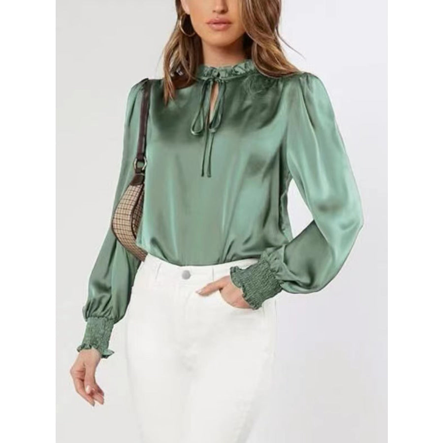 Frill Tied Lantern Sleeve Blouse Apparel and Accessories