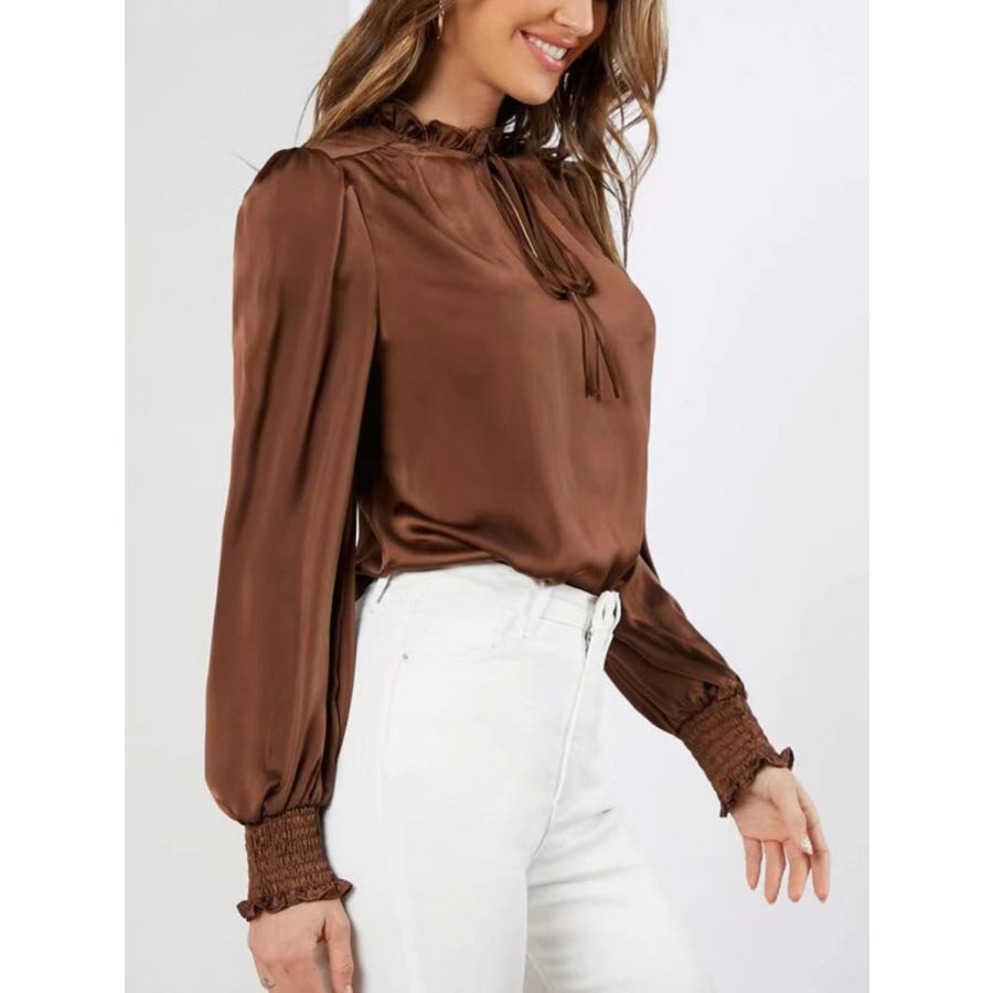 Frill Tied Lantern Sleeve Blouse Apparel and Accessories