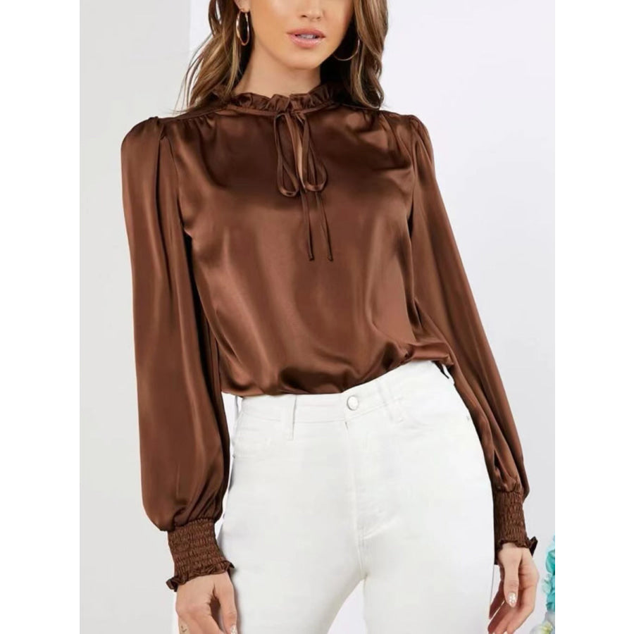 Frill Tied Lantern Sleeve Blouse Apparel and Accessories