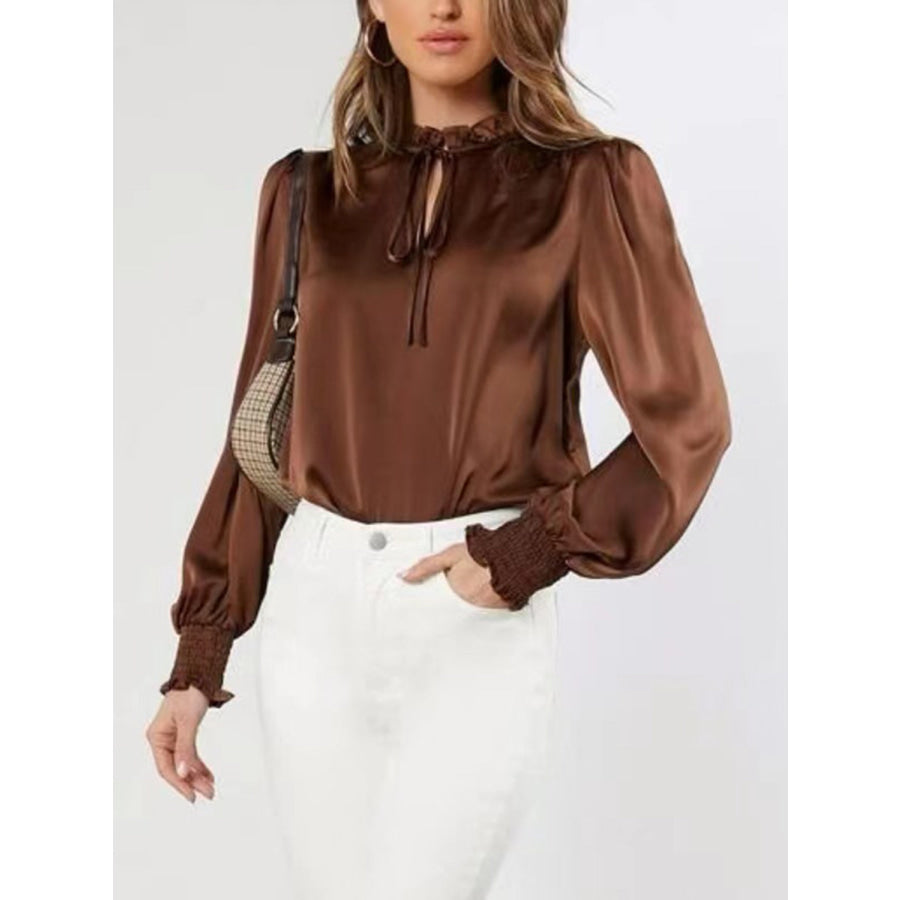 Frill Tied Lantern Sleeve Blouse Apparel and Accessories