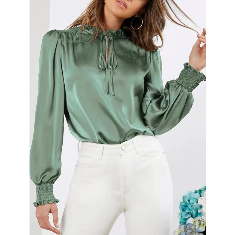 Frill Tied Lantern Sleeve Blouse Apparel and Accessories