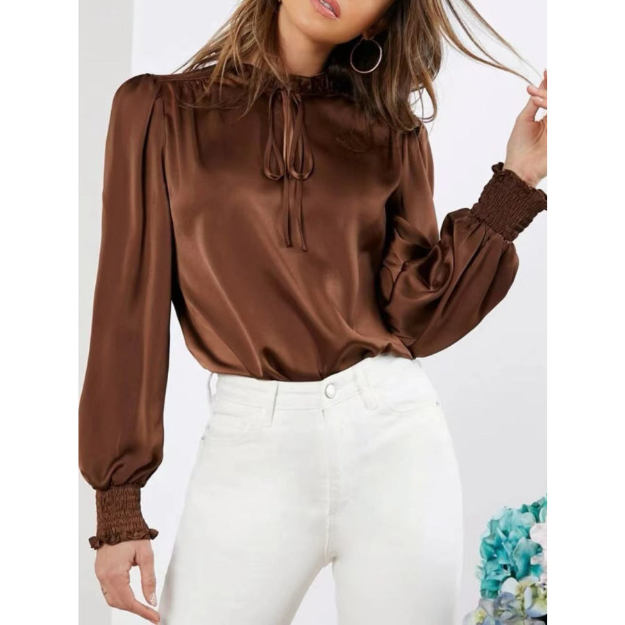 Frill Tied Lantern Sleeve Blouse Brown / S Apparel and Accessories