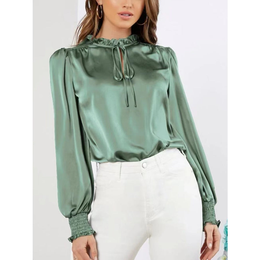 Frill Tied Lantern Sleeve Blouse Gum Leaf / S Apparel and Accessories