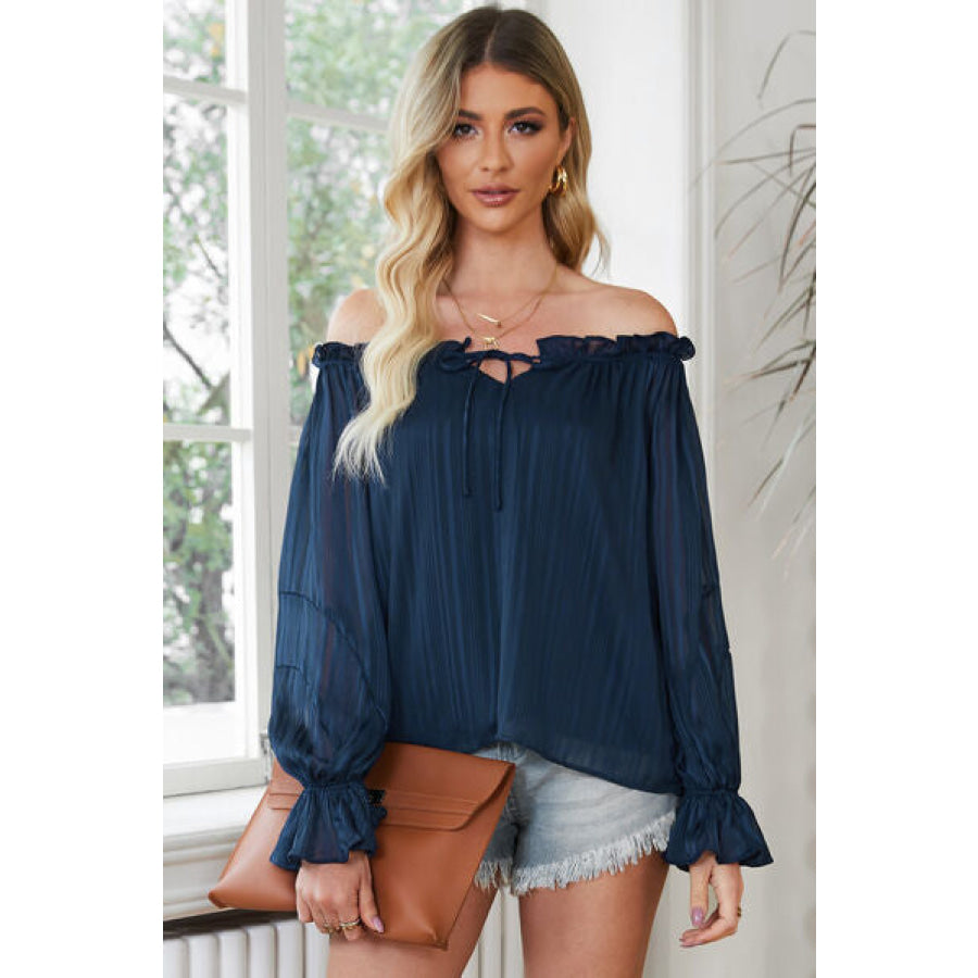 Frill Tied Off - Shoulder Flounce Sleeve Blouse Peacock Blue / S Apparel and Accessories