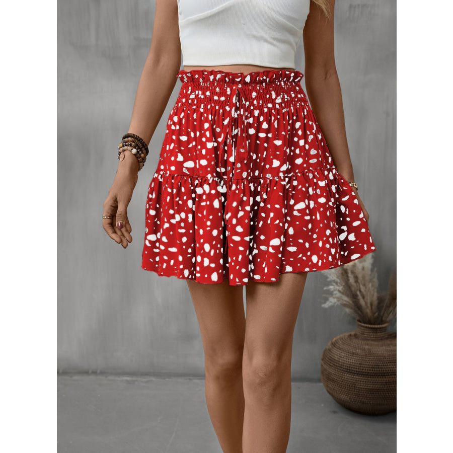 Frill Tied Printed Mini Skirt Deep Red / S Apparel and Accessories