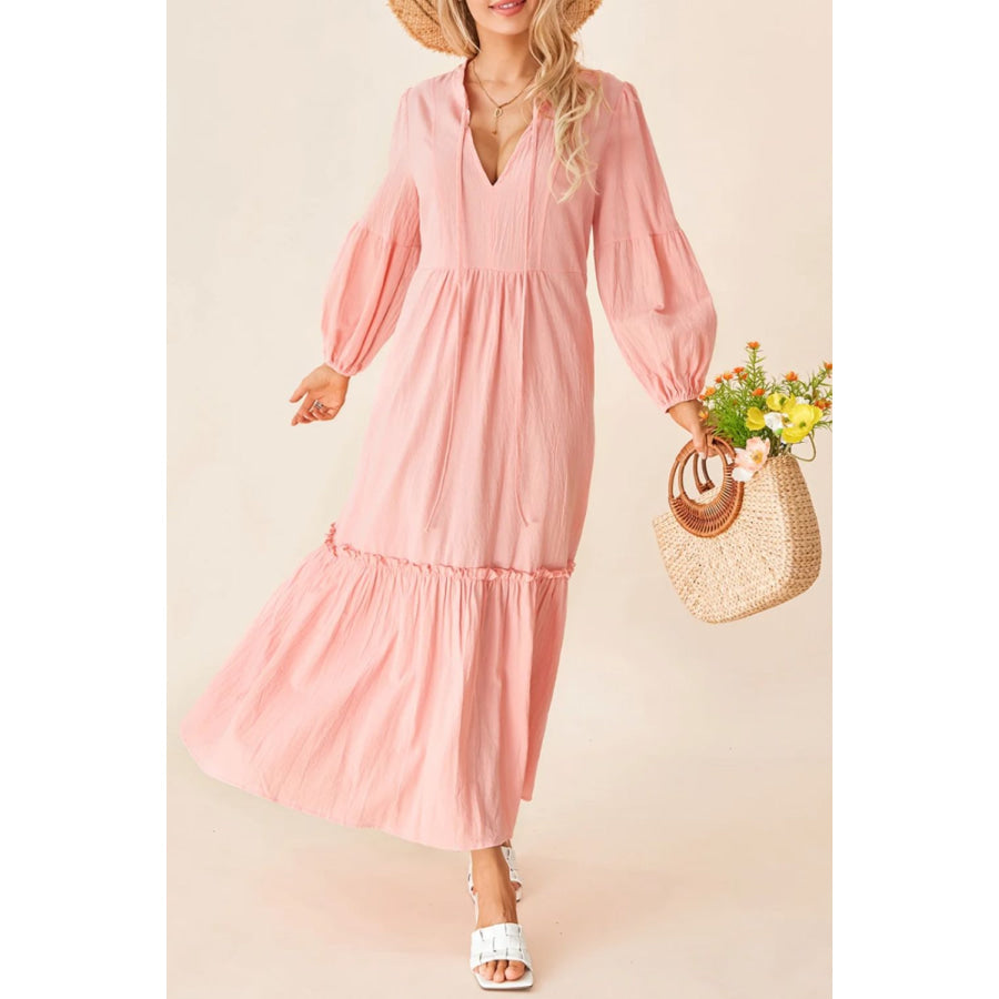 Frill Tiered Tie Neck Long Sleeve Dress Apparel and Accessories