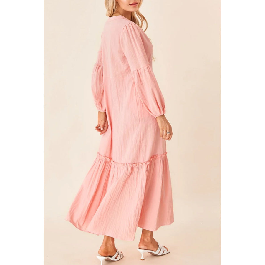 Frill Tiered Tie Neck Long Sleeve Dress Apparel and Accessories