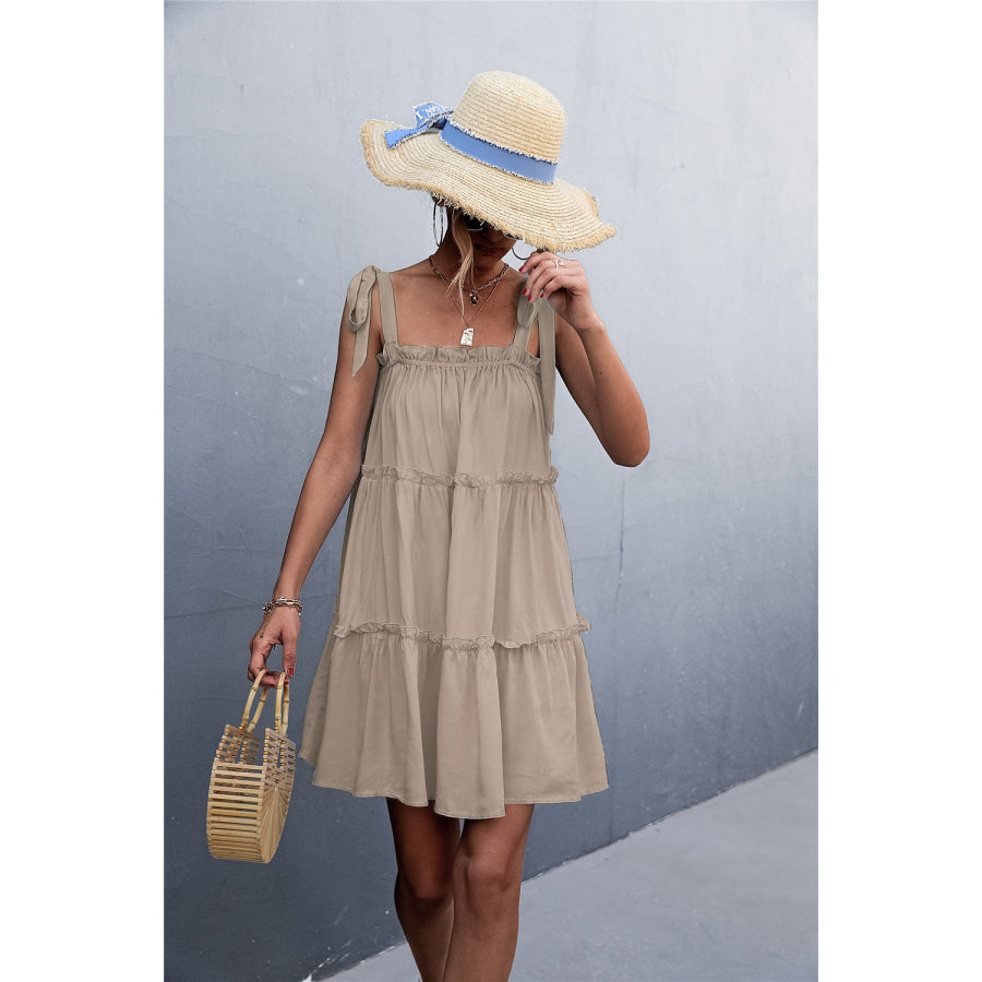 Frill Tiered Tie Shoulder Mini Cami Dress Apparel and Accessories