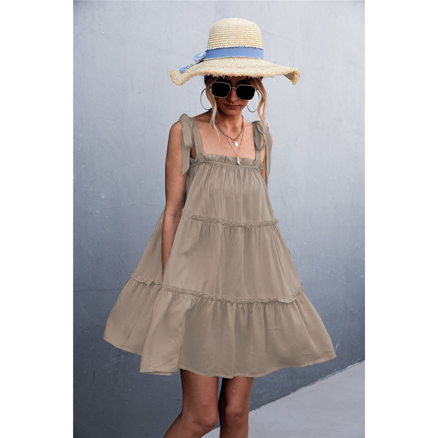 Frill Tiered Tie Shoulder Mini Cami Dress Apparel and Accessories