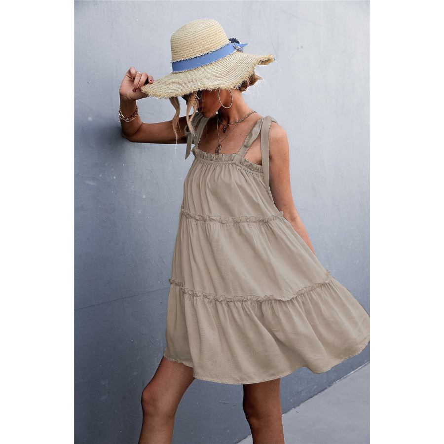 Frill Tiered Tie Shoulder Mini Cami Dress Apparel and Accessories