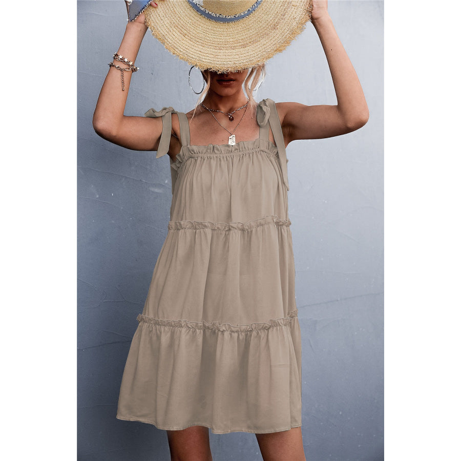 Frill Tiered Tie Shoulder Mini Cami Dress Khaki / S Apparel and Accessories