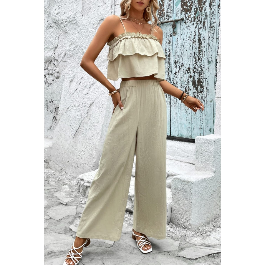 Frill Trim Cami and Wide Leg Pants Set Cream / S